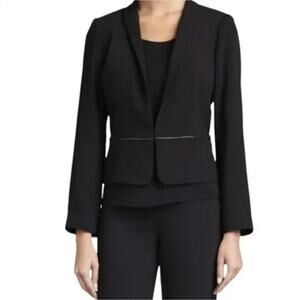New Eileen Fisher Tropical Blazer Leather Trim Black Stand Collar Jacket Size M
